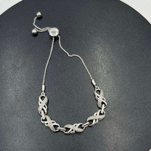 Zales Sterling Silver 925 Infinity Link Diamond Accent Adjustable Bolo Bracelet - Picture 1 of 7